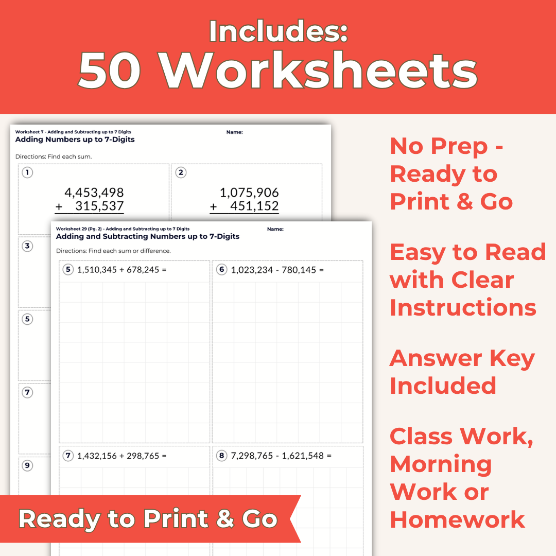 Adding and Subtracting up to 7 Digits - 4th Grade Lesson Bundle with Worksheets, Slides, Video and More
