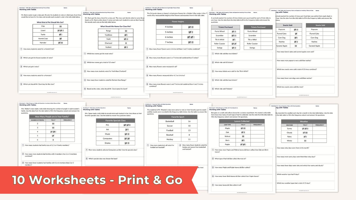 Tally Table and Frequency Table Worksheet Examples