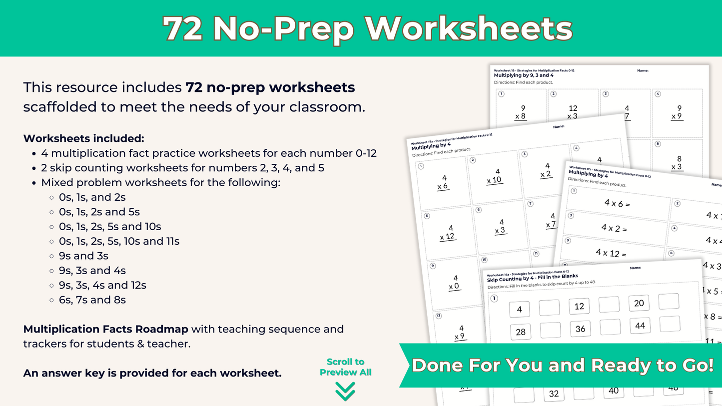 Strategies for Learning Multiplication Facts 0-12 NO PREP Worksheet Set