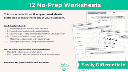 Multiplication with Equal Groups and Repeated Addition Worksheet Set