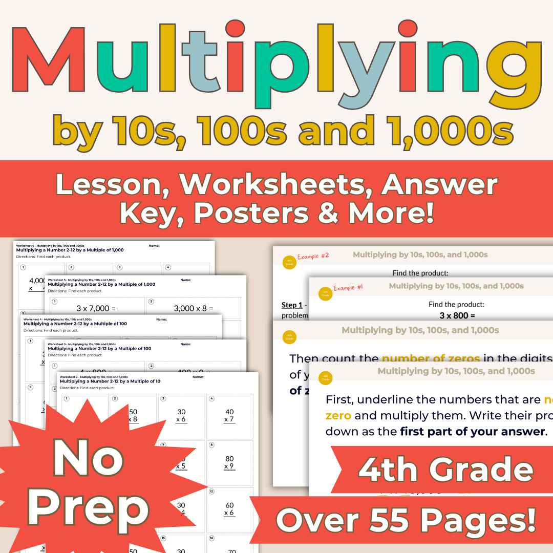 Multiplying by 10s, 100s and 1,000s - 4th Grade Lesson Bundle with Worksheets, Slides, Video and More