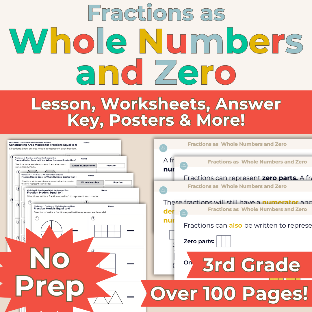 Fractions as Whole Numbers and Zero - 3rd Grade Lesson Bundle with Worksheets, Slides, Video and More