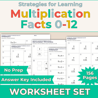 Strategies for Learning Multiplication Facts 0-12 NO PREP Worksheet Set