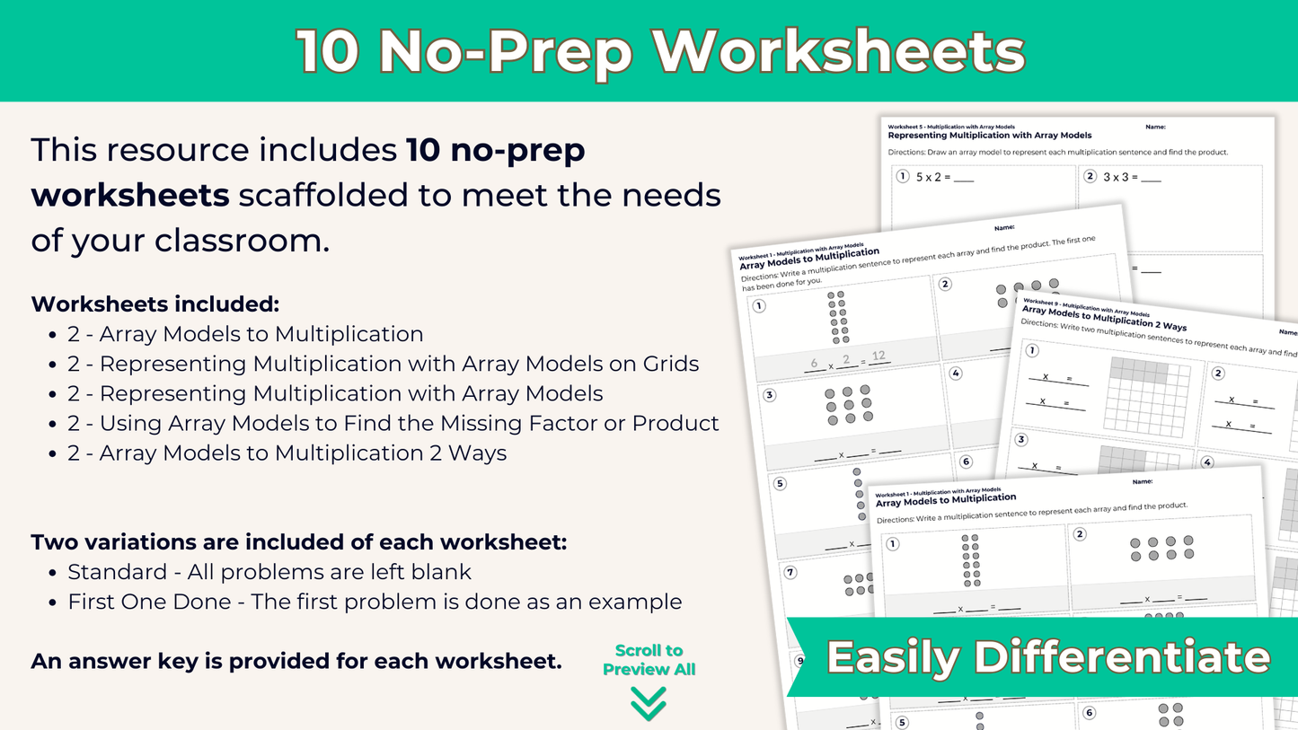 Multiplication with Array Models Worksheet Set