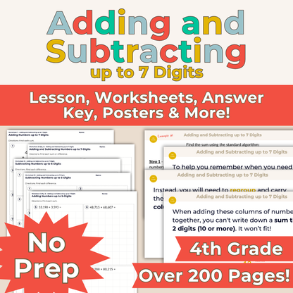 Adding and Subtracting up to 7 Digits - 4th Grade Lesson Bundle with Worksheets, Slides, Video and More