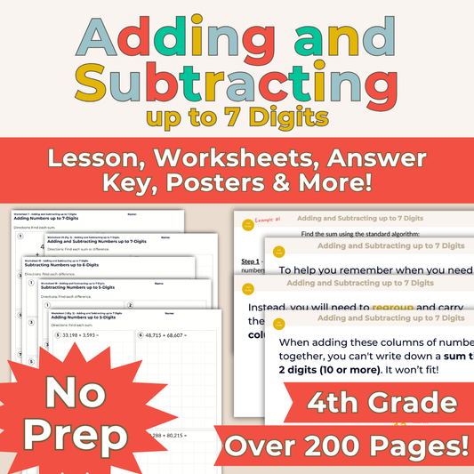 Adding and Subtracting up to 7 Digits - 4th Grade Lesson Bundle with Worksheets, Slides, Video and More