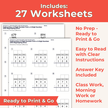 Subtraction with Regrouping 3rd Grade Worksheets