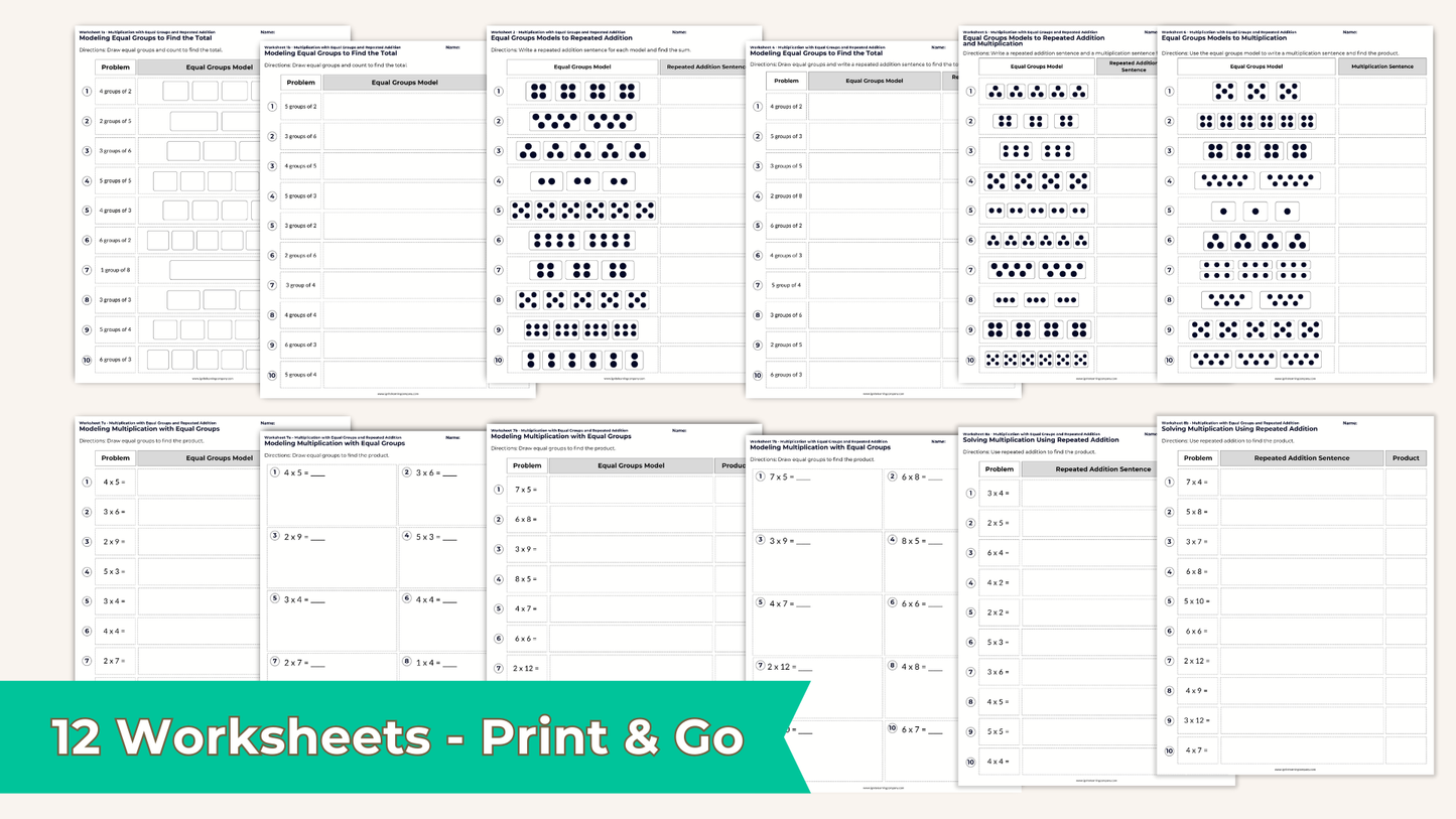 Multiplication with Equal Groups and Repeated Addition Worksheet Set