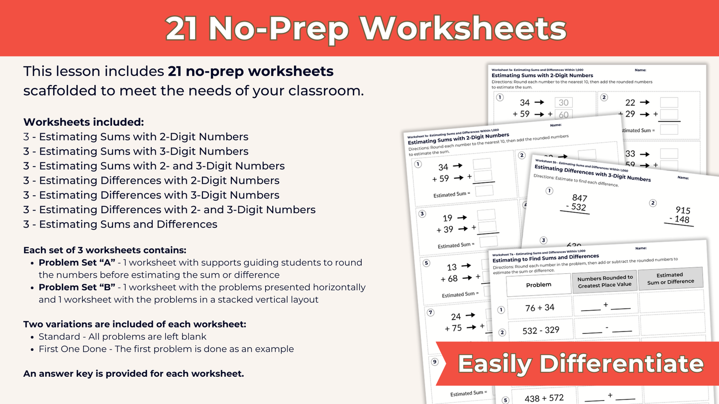 Estimating Sums and Differences - 3rd Grade Lesson Bundle with Worksheets, Slides, Video and More