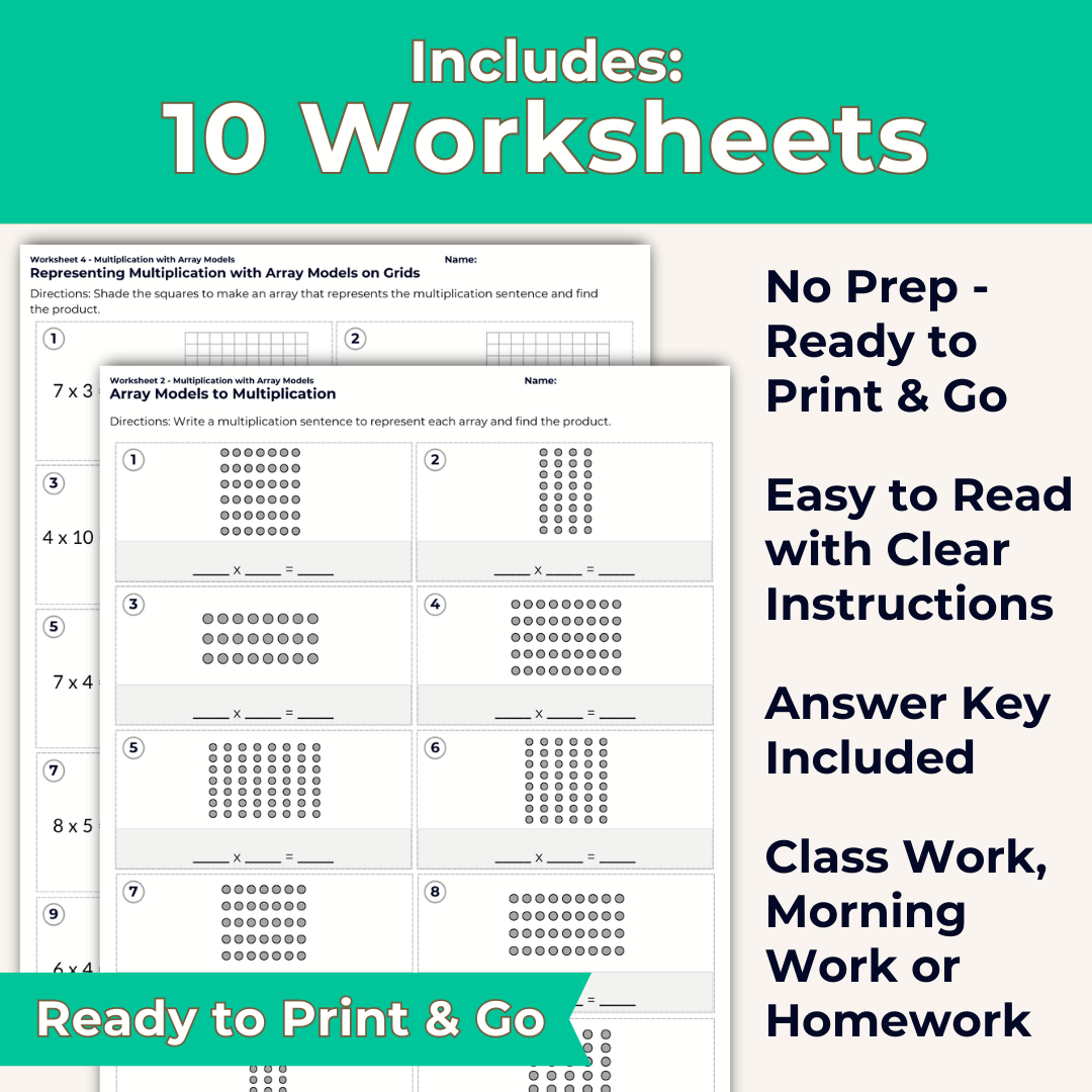 Multiplication with Array Models Worksheet Set