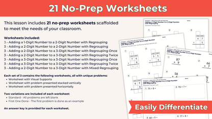 Addition with Regrouping Worksheets 2-Digit Numbers and 3-Digit Numbers