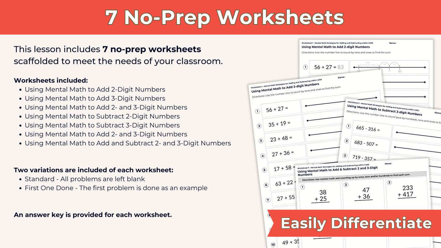 Adding and Subtracting Within 1,000 Using Mental Math - 3rd Grade Lesson Bundle with Worksheets, Slides, Video and More