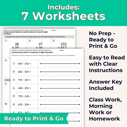 Adding & Subtracting Using Mental Math and Number Lines Worksheet Set