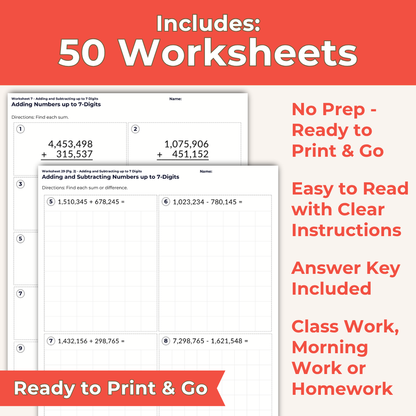 Adding and Subtracting up to 7 Digits - 4th Grade Lesson Bundle with Worksheets, Slides, Video and More