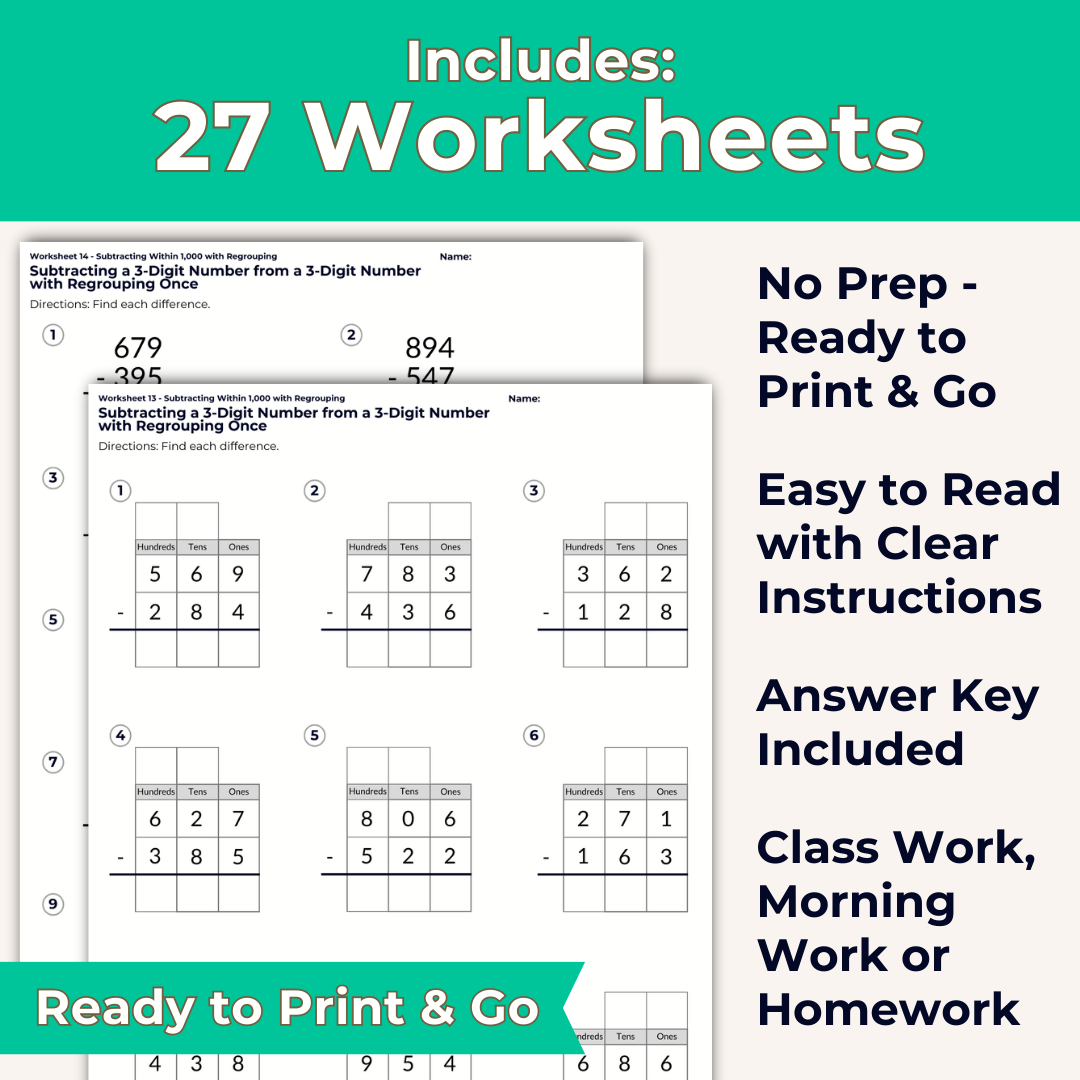 Subtracting Within 1,000 with Regrouping Worksheet Set