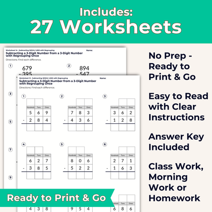 Subtracting Within 1,000 with Regrouping Worksheet Set