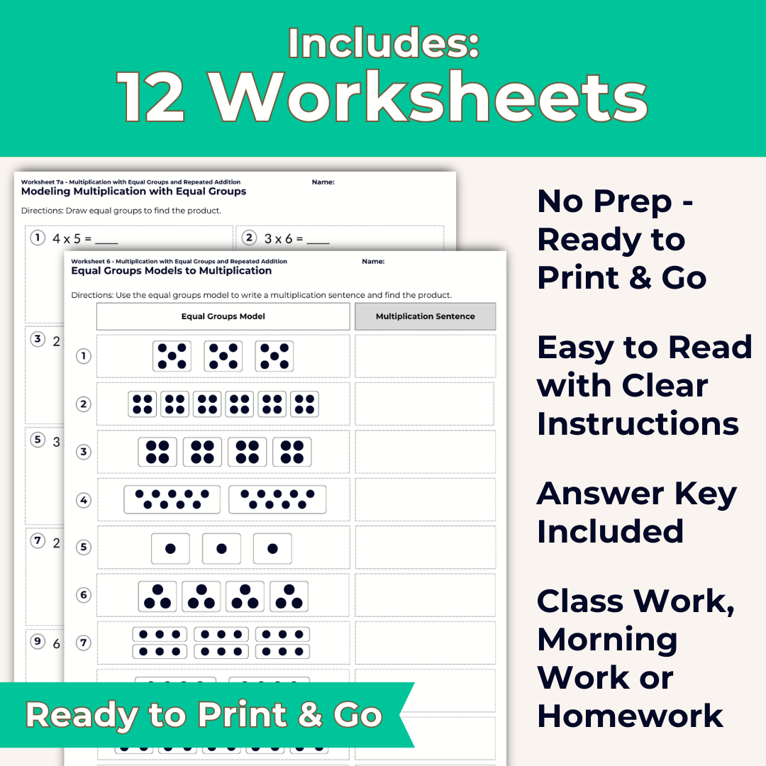 Multiplication with Equal Groups and Repeated Addition Worksheet Set