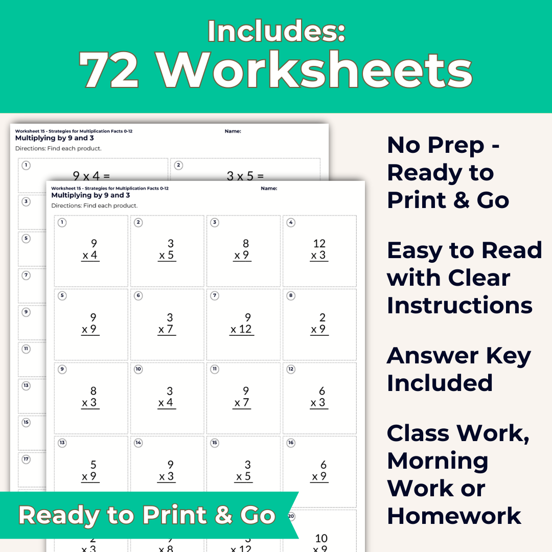 Strategies for Learning Multiplication Facts 0-12 NO PREP Worksheet Set