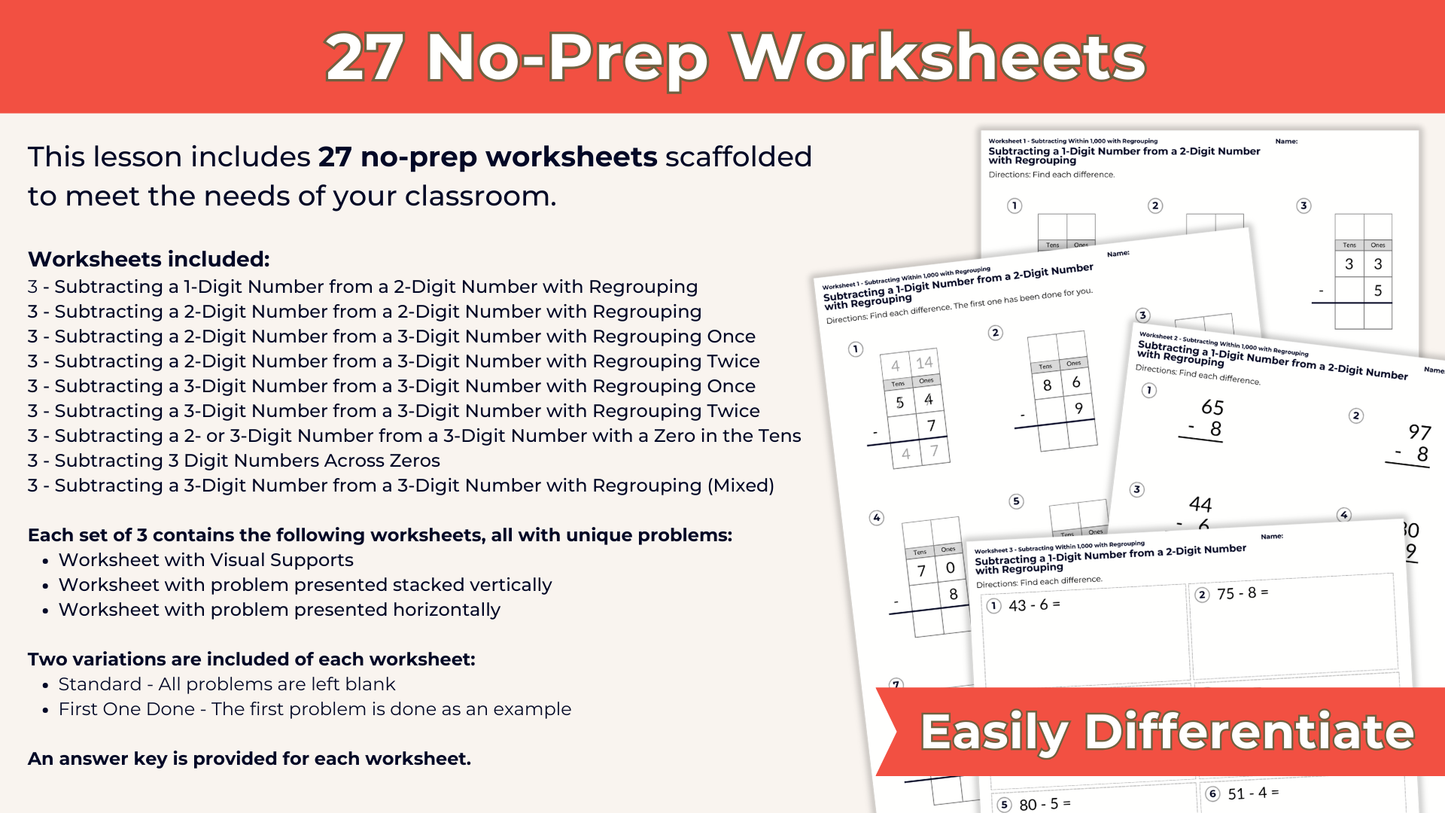 Subtraction with Regrouping 2-Digit Numbers and 3-Digit Numbers Worksheets