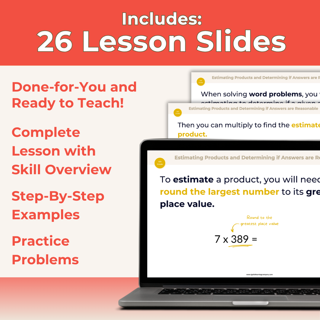 Estimating Products and Determining if Answers are Reasonable - 4th Grade Lesson Bundle with Worksheets, Slides, Video and More