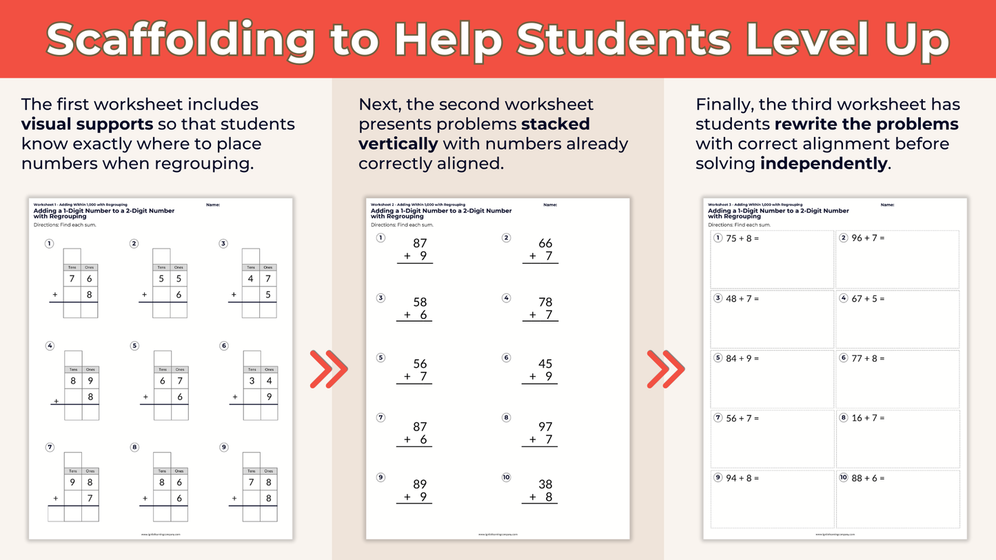 Addition with Regrouping Scaffolding Example Worksheets