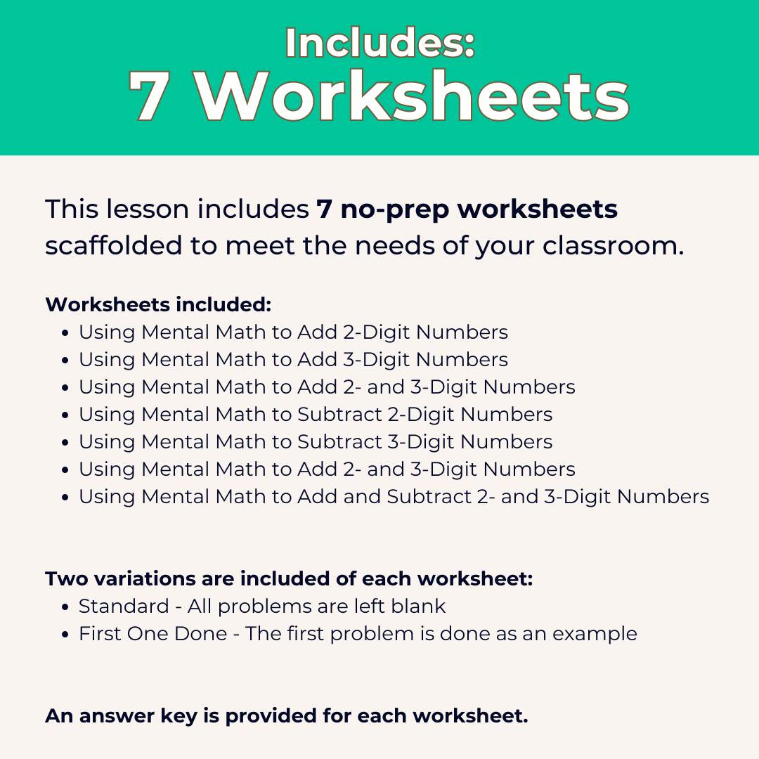 Adding & Subtracting Using Mental Math and Number Lines Worksheet Set