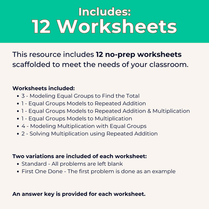 Multiplication with Equal Groups and Repeated Addition Worksheet Set