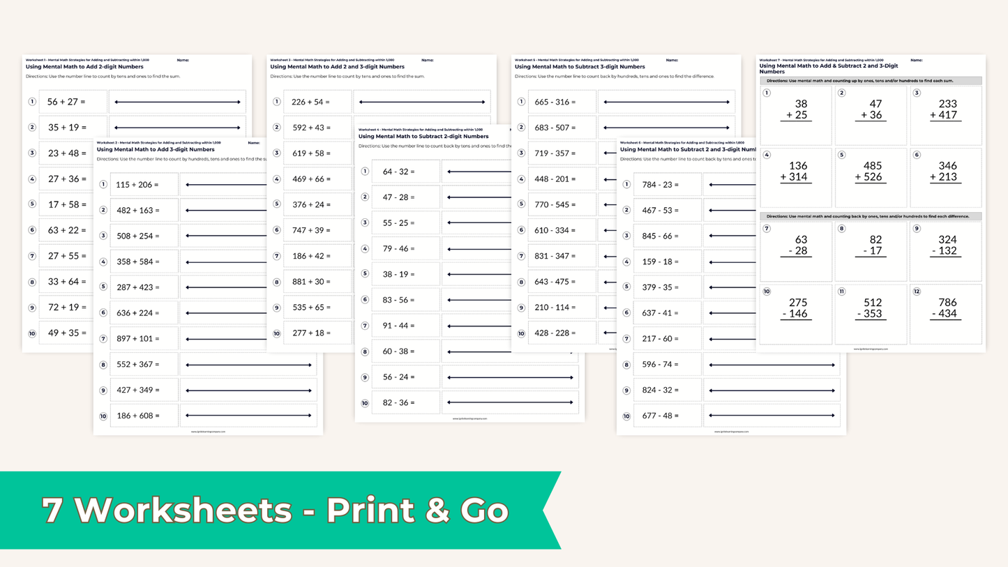 Adding & Subtracting Using Mental Math and Number Lines Worksheet Set