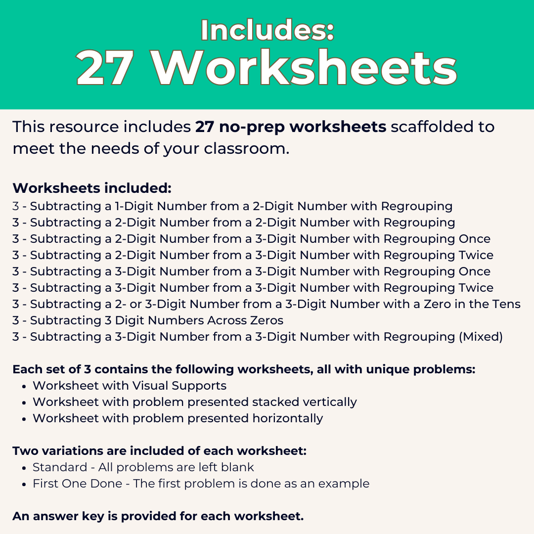 Subtracting Within 1,000 with Regrouping Worksheet Set