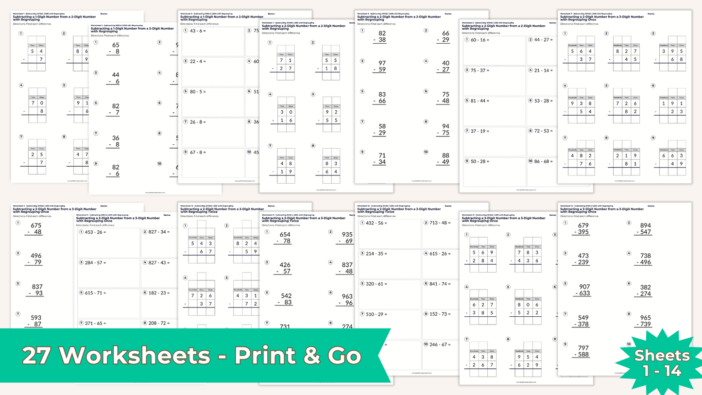 Subtracting Within 1,000 with Regrouping Worksheet Set