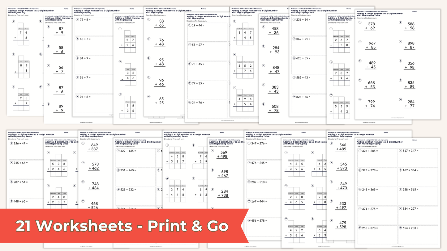 Addition with Regrouping Worksheets