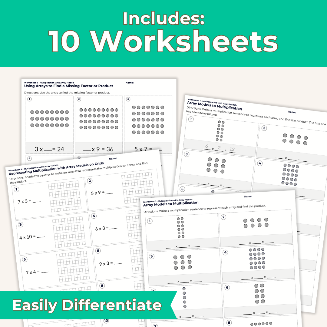 Multiplication with Array Models Worksheet Set