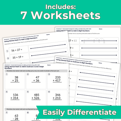 Adding & Subtracting Using Mental Math and Number Lines Worksheet Set