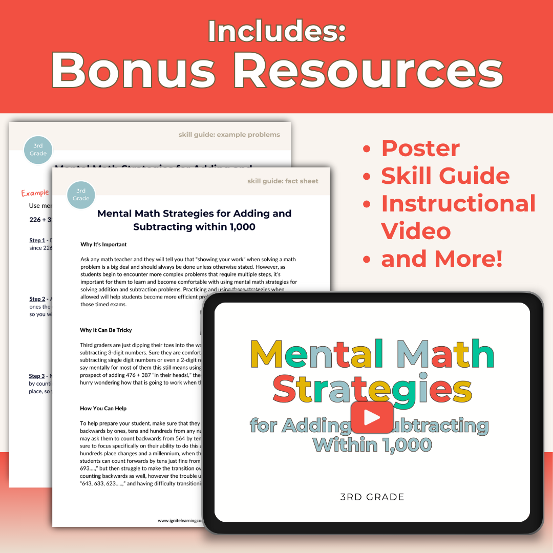 Adding and Subtracting Within 1,000 Using Mental Math - 3rd Grade Lesson Bundle with Worksheets, Slides, Video and More