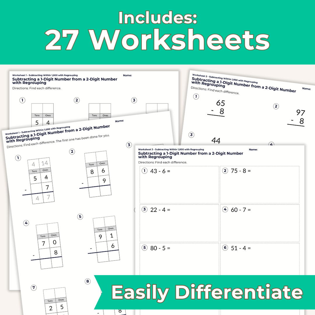 Subtracting Within 1,000 with Regrouping Worksheet Set