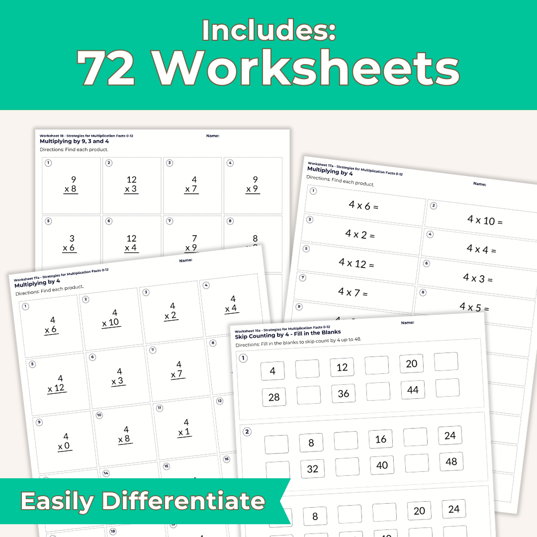 Strategies for Learning Multiplication Facts 0-12 NO PREP Worksheet Set