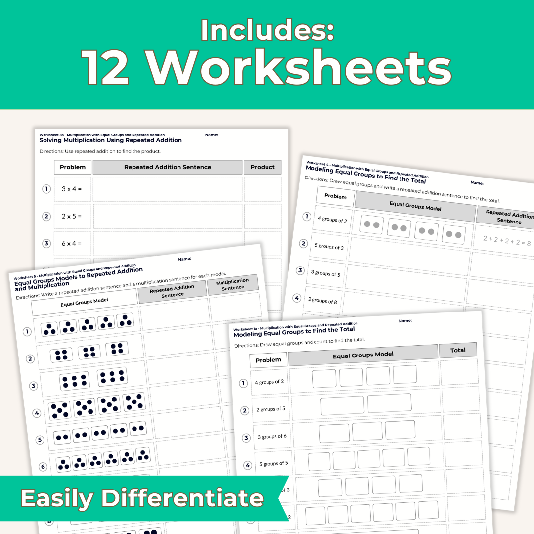 Multiplication with Equal Groups and Repeated Addition Worksheet Set