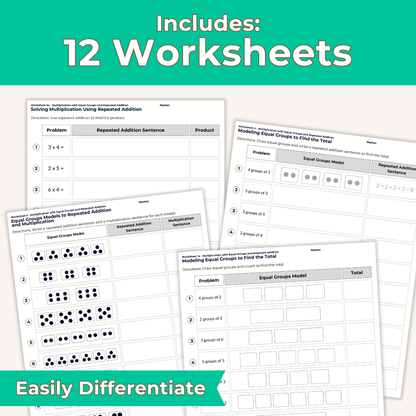 Multiplication with Equal Groups and Repeated Addition Worksheet Set