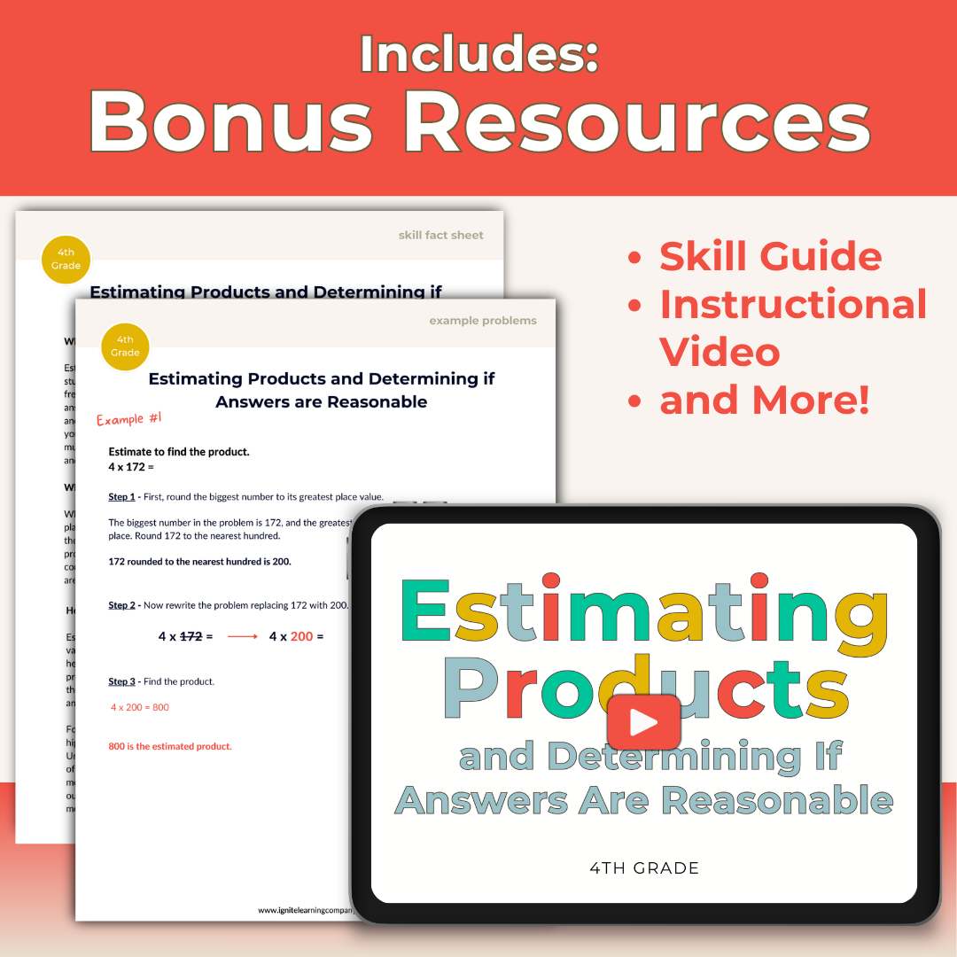 Estimating Products and Determining if Answers are Reasonable - 4th Grade Lesson Bundle with Worksheets, Slides, Video and More