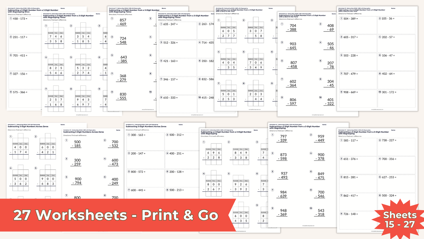 Subtracting 3-Digit Numbers with Regrouping Worksheets