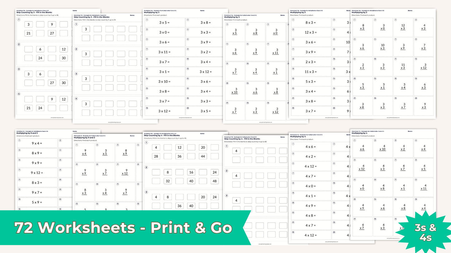 Strategies for Learning Multiplication Facts 0-12 NO PREP Worksheet Set